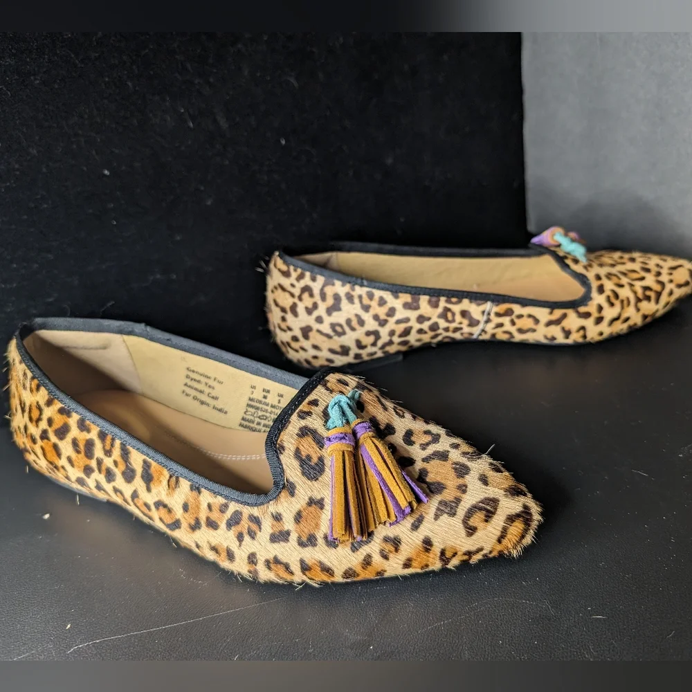Hush Puppies NWOT 7 cheetah print genuine fur colorful tassel slip on loafers‎